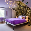 A fairy-themed bedroom with a fairy tree bed, twinkling fairy lights, and butterfly wall decals4