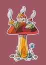 Fairy town. Houses on mushroom. Colorful sticker for children. Royalty Free Stock Photo