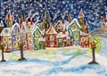 Fairy town in winter, handdrawn painting