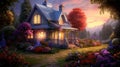 Fairy tree house in fantasy forest with stone road Royalty Free Stock Photo