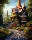 Fairy tree house in fantasy forest with stone road Royalty Free Stock Photo