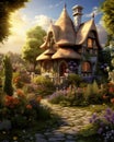 Fairy tree house in fantasy forest with stone road Royalty Free Stock Photo