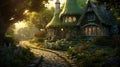 Fairy tree house in fantasy forest with stone road Royalty Free Stock Photo