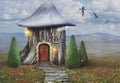 Fairy tree house with mushroom hat and old door Royalty Free Stock Photo