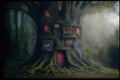 Fairy tree house with old red door and many windoes in fantasy dark forest. Magic tree house in mystical forest. Generative ai Royalty Free Stock Photo