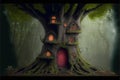 Fairy tree house with old red door and many windoes in fantasy dark forest. Magic tree house in mystical forest. Generative ai Royalty Free Stock Photo