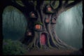 Fairy tree house with old red door and many windoes in fantasy dark forest. Magic tree house in mystical forest. Generative ai Royalty Free Stock Photo