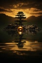 A fairy tree in night is reflected in water, dark dramatic sky at sunset