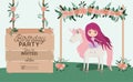 Fairy with unicorn and label wooden invitation card Royalty Free Stock Photo