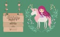 Fairy with unicorn and label wooden invitation card Royalty Free Stock Photo