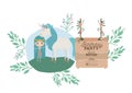 Fairy with unicorn and label wooden invitation card Royalty Free Stock Photo