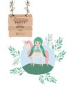 Fairy with unicorn and label wooden invitation card Royalty Free Stock Photo