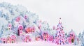 Fairy village decorated for Christmas and Christmas tree set at white. 3D rendering Illustration Royalty Free Stock Photo