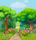 Fairy walking on a path through the magical forest. Illustration Royalty Free Stock Photo