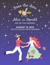 Fairy wedding invitation card template with beautiful man and woman in starry night