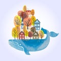 Fairy Whale with houses and trees on its back. Royalty Free Stock Photo