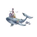 Fairy Whale with lighthouse and lighthouse keeper`s house