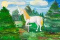 Fairy white unicorn in green fir forest