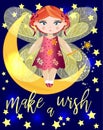 A fairy with wings and a magic wand on a crescent moon among the night sky. Inscription Make a wish