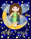 A fairy with wings and a magic wand on a crescent moon among the night sky. Inscription Make a wish Royalty Free Stock Photo