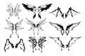 Fairy wings tattoo. Cute butterfly and butterfly wing silhouettes, fantasy magic winged creature body parts for tattoo design. Royalty Free Stock Photo