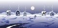 Fairy winter landscape with road, houses and snowy hills. Village with full moon. Happy new year and Merry Christmas Royalty Free Stock Photo