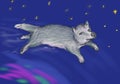 Fairy wolf flying over the northern lights in space. Illustration for children`s book, metaphorical cards, oriental horoscope