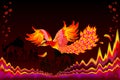 Fairyland bird flying between flame waves in fairy tale kingdom. Fantastic illustration for kids book cover.