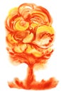 Fairytale autumn tree. Cloud mushroom nuclear explosion. Watercolor abstraction. Decorative artwork isolated on a white background