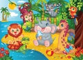 Fairytale background for children wallpaper. Cartoon illustration for sticker, puzzles. Fabulous African landscape. Magic jungle.