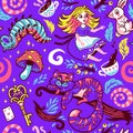 Fairytale background with cute cartoon characters from Alice in wonderland