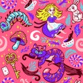 Fairytale background with cute cartoon characters from Alice in wonderland