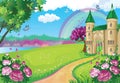 Fairytale background with flower meadow. Princess castle and rainbow. Fabulous landscape. Beautiful Park. Children illustration.