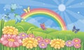 Fairytale background with flower meadow and rainbow. Fabulous landscape with daisies, bluebells and butterflies. Magic nature.