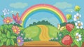 Fairytale background with flower meadow, road and rainbow. Countryside or farm. Fabulous forest landscape. Bush strawberries.