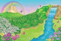 Fairytale background with flower meadow, waterfall and river. Wonderland. Cartoon, children`s illustration. Princess`s castle. Royalty Free Stock Photo