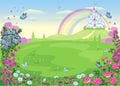 Fairytale background with flower meadow. Wonderland. Cartoon, children`s illustration. Princess`s castle and rainbow. Vector.