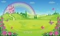 Fairytale background with flower meadow. Wonderland. Cartoon, children`s illustration. Princess`s castle and rainbow. Vector.