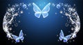 Fairytale background with magical blue butterflies and bubbles, flowers ornate and stars. Fantasy sparkle frame consists of Royalty Free Stock Photo