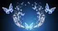 Fairytale background with magical blue butterflies and bubbles, flowers ornate and stars. Fantasy sparkle frame consists of Royalty Free Stock Photo