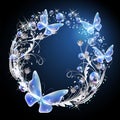 Fairytale background with magical butterflies and bubbles, floral ornament and sparkling stars. Round fantasy frame consists of Royalty Free Stock Photo