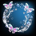 Fairytale background with magical butterflies and bubbles, floral ornament and sparkling stars. Round fantasy frame consists of Royalty Free Stock Photo