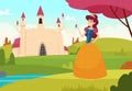 Fairytale background. Pretty young princess outdoor magic castle vector fantasy concept Royalty Free Stock Photo