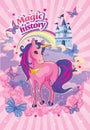 Fairytale background with unicorn, rainbow and Princess castle. Fabulous landscape with horse or pony. Children`s illustration.. Royalty Free Stock Photo