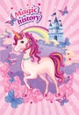 Fairytale background with unicorn, rainbow and Princess castle. Fabulous landscape with horse or pony. Children`s illustration.. Royalty Free Stock Photo