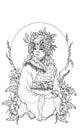 Fairytale beautiful forest girl deer with long hair and pigtails, with horns and flowers in head, in a mantle.