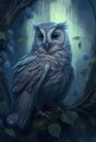 Fairytale beautiful owl in a mystical forest. Ai generative