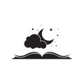 Fairytale bedtime reading concept. Open book with half moon, stars and cloud illustration. Magic night book for kids. Read before