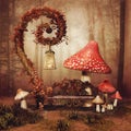 Fairytale bench and mushrooms