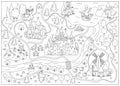 Fairytale black and white kingdom map. Medieval village line background. Vector fairy tale castle infographic elements with sea, Royalty Free Stock Photo